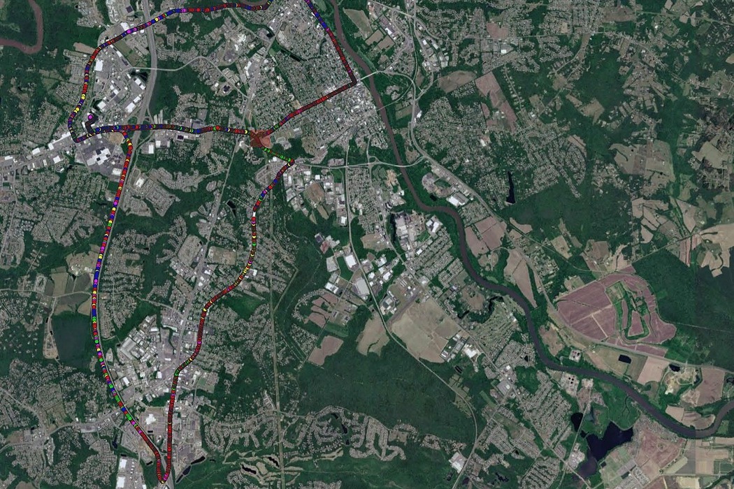 Survey points and drive route plotted over satellite imagery
